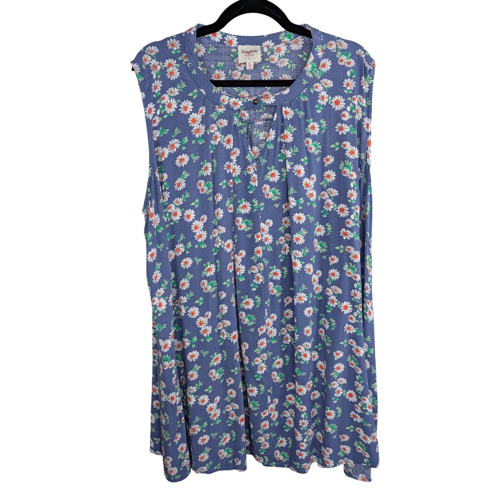 Hayden Los Angeles Women Daisy Floral Sleeveless Top 1XL Blue Boho Keyhole Tunic